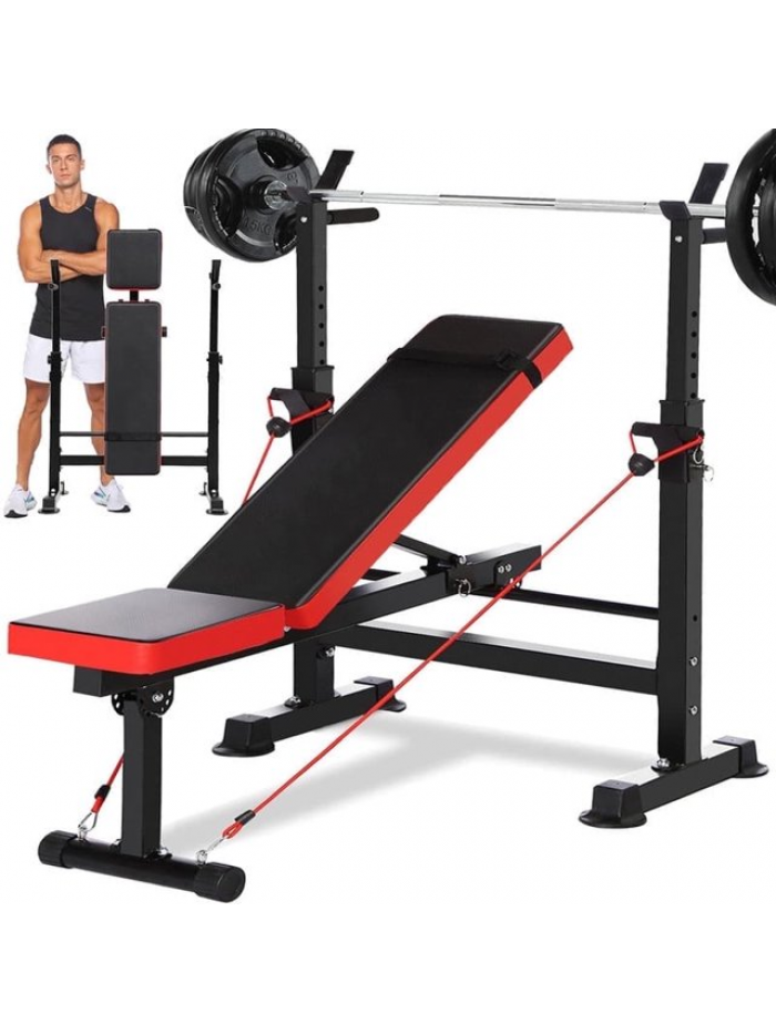VIBESPARK Adjustable 4-In-1 Weight Bench, 600lbs Foldable Workout Bench Set with Barbell Rack for Home Gym, Multi-Function Strength Training Bench Press Exercise Equipment