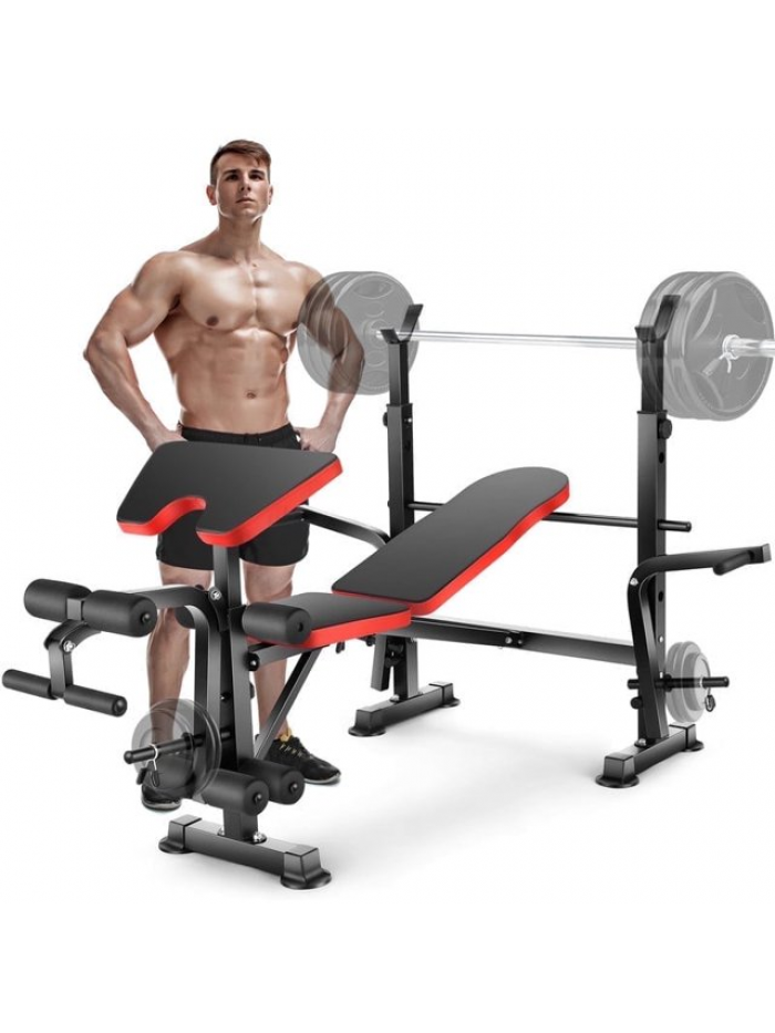 VIBESPARK Adjustable 6-In-1 Weight Bench, 600lbs Foldable Workout Bench with Barbell Rack & Leg Extension & Preacher Curl for Home Gym, Multi-Function Strength Training Bench Press Exercise Equipment