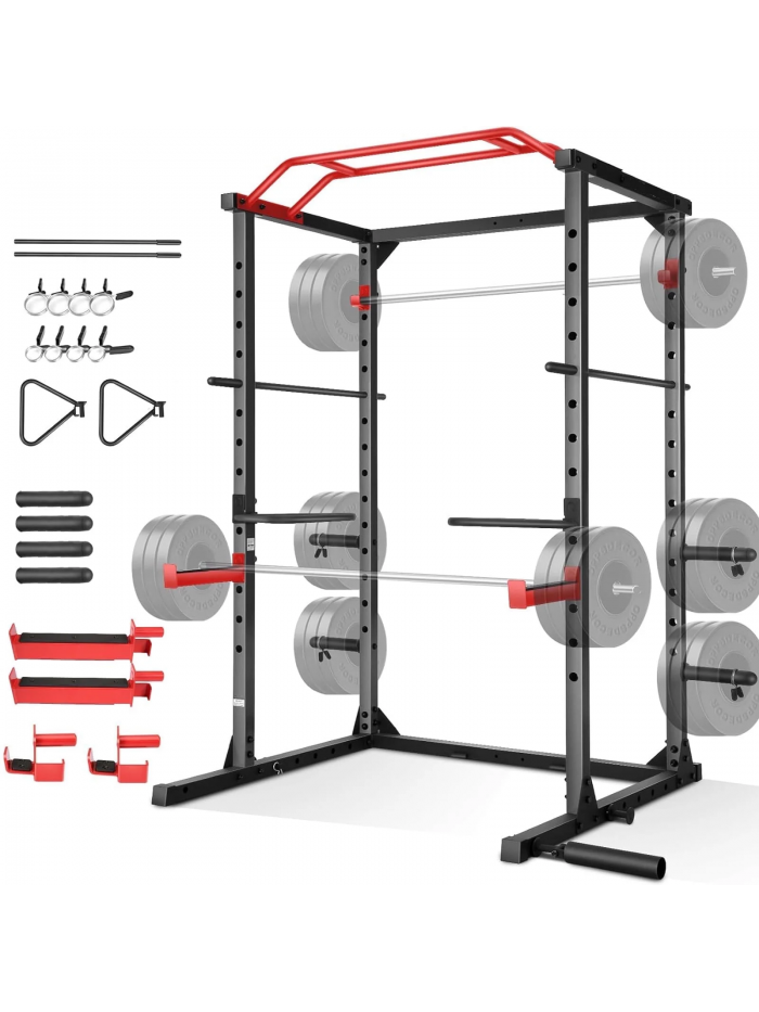VIBESPARK Power Cage, 1200LBS Capacity Power Rack with Lat Pulldown, Pull-up Bar, Landmine Attachment, J-Hooks and More Training Attachment