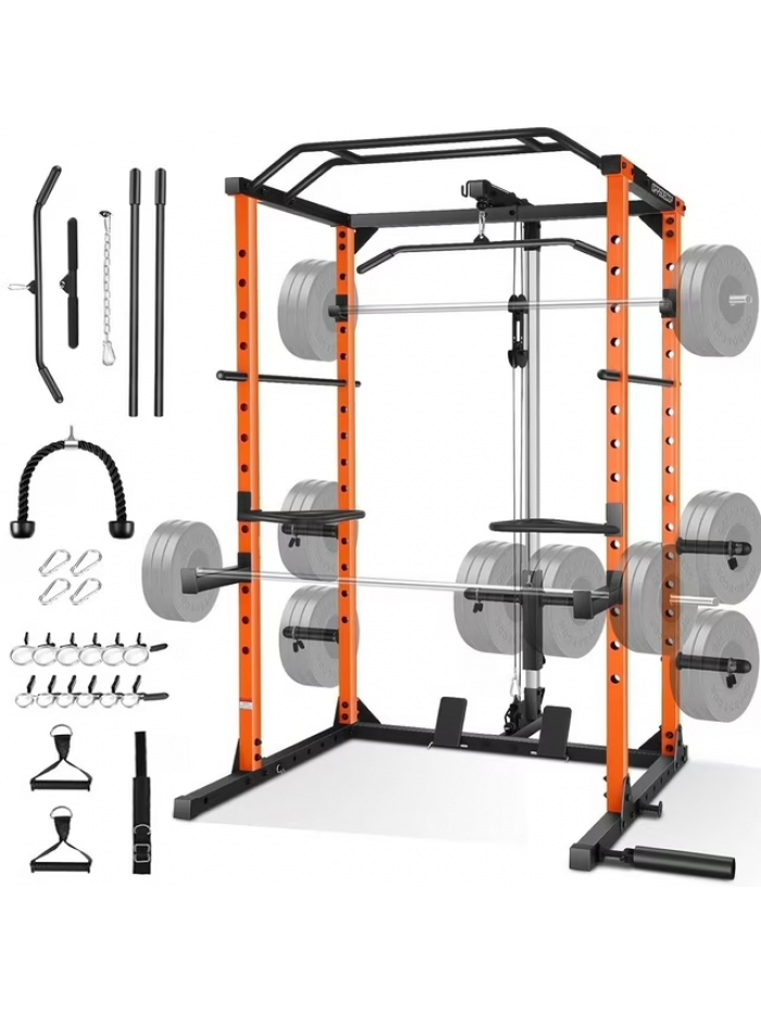VIBESPARK Power Cage, 1200LBS Capacity Power Rack with Lat Pulldown, Pulley System, Pull-up Bar, Landmine Attachment, J-Hooks and More Training Attachment, Multi-Function Squat Rack for Home Gym