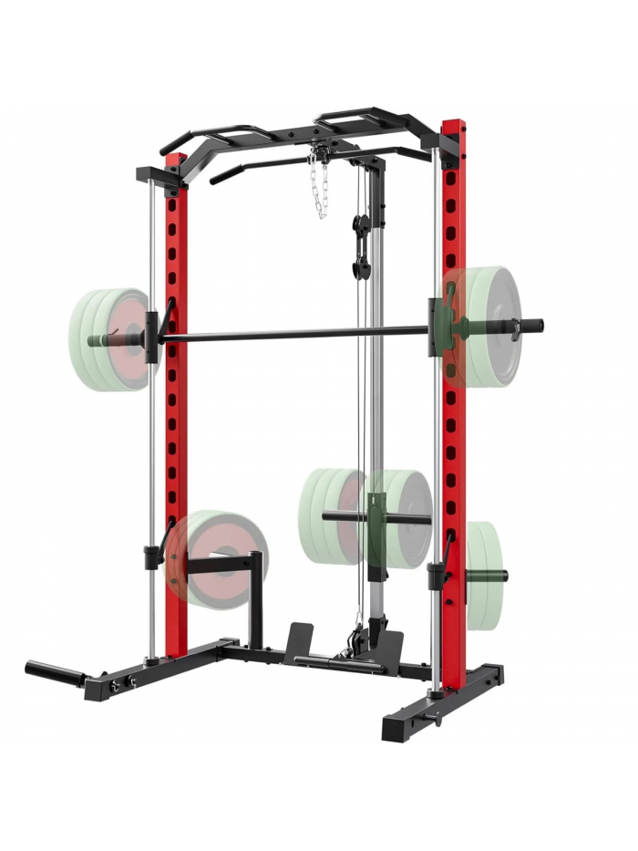 VIBESPARK Smith Machine Power Rack with Lat-Pull Down Pulley System & Cable Row, Multi-Functional Squat Rack Cage with Barbell Bar, Landmine, Pull-up Bar and More Attachment