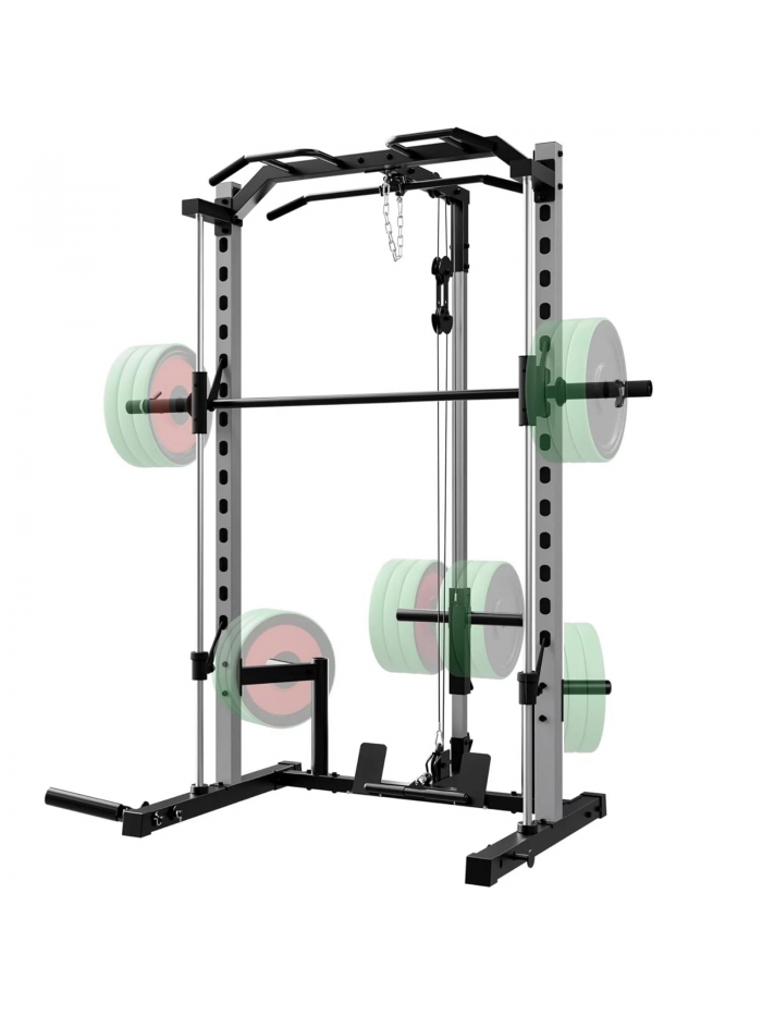 VIBESPARK Smith Machine Power Rack with Lat-Pull Down Pulley System & Cable Row, Multi-Functional Squat Rack Cage with Barbell Bar, Landmine, Pull-up Bar and More Attachment for Home Gym