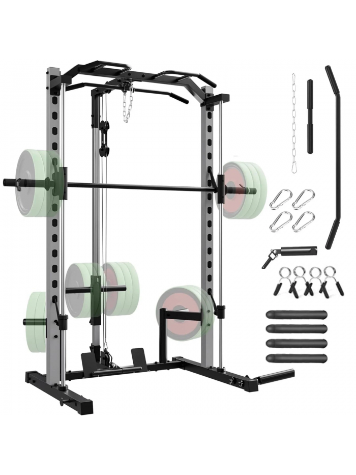 VIBESPARK Smith Machine Squat Rack, All-in-One Power Rack Cage with LAT-Pull Down System & Cable Machine, Power Cage with Barbell Bar, Weight Storage