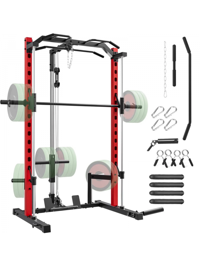 VIBESPARK Smith Machine Squat Rack, All-in-One Power Rack Cage with LAT-Pull Down System & Cable Machine, Power Cage with Barbell Bar, Weight Storage and More Attachment for Home Gym Workout