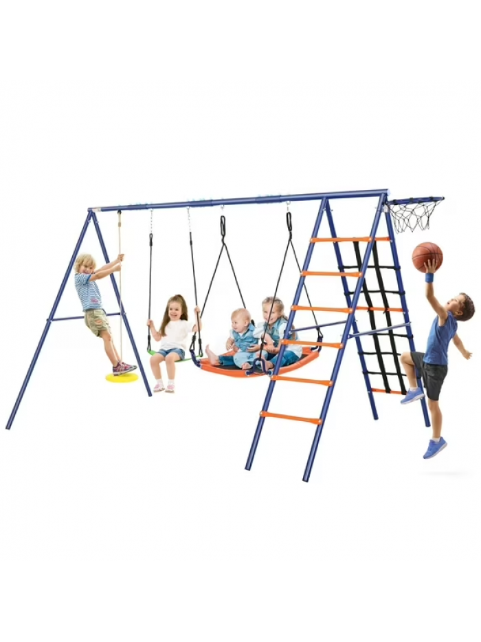 VIBESPARK 6 in 1 Metal Swing Sets for Backyard, 550lbs Heavy-Duty Outdoor Playset for Playground, Outside Kids Play Equipment with 3 Swings, 1 Climbing Net & 1 Ladder, and 1 Basketball Hoop VIBESPARK 6 in 1 Metal Swing Sets for Backyard, 550lbs Heavy-Duty Outdoor Playset for Playground, Outside Kids Play Equipment with 3 Swings, 1 Climbing Net & 1 Ladder, and 1 Basketball Hoop