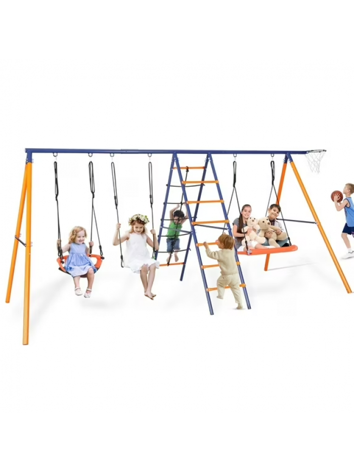 VIBESPARK 700lbs Swing Sets for Backyard, 6 in 1 Multifunction Swingset Outdoor for Kids Playground, Larger Metal Outside Playset with 3 Adjustable Swings, Climbing Ladder and Net, Basketball Hoop VIBESPARK 700lbs Swing Sets for Backyard, 6 in 1 Multifunction Swingset Outdoor for Kids Playground, Larger Metal Outside Playset with 3 Adjustable Swings, Climbing Ladder and Net, Basketball Hoop